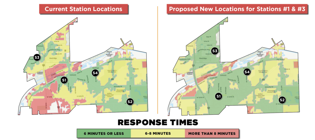 Two maps of the district showing current and proposed station locations